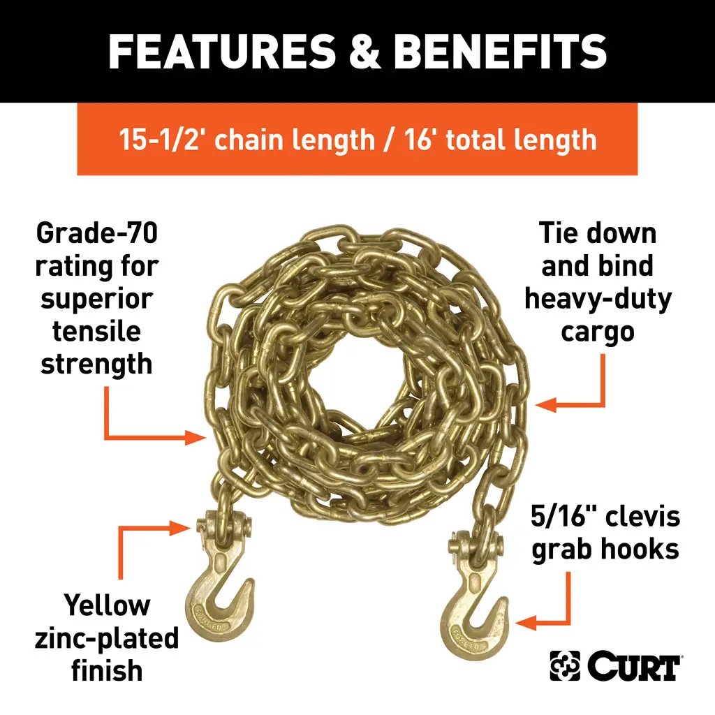 16' Transport Binder Safety Chain with 2 Clevis Hooks (18,800 lbs, Yellow Zinc) - Thumbnail 3
