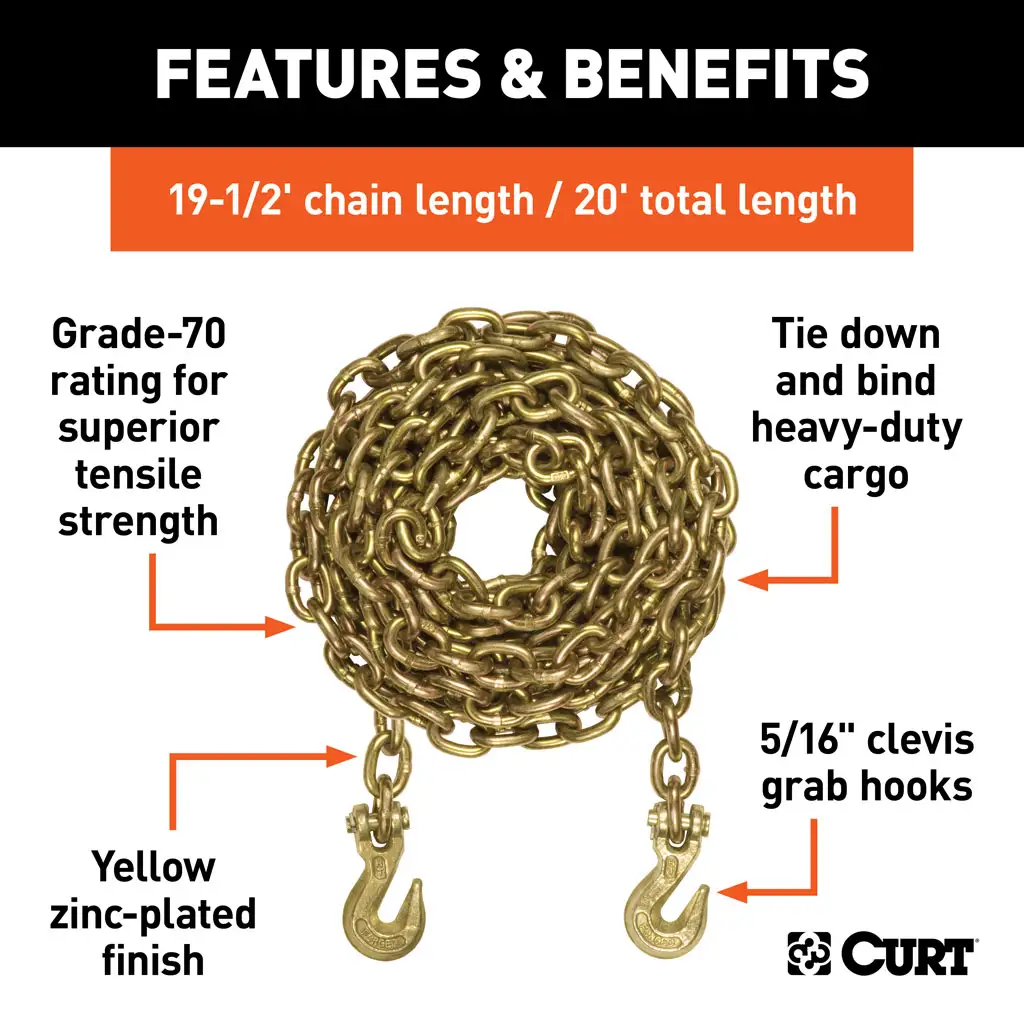 20' Transport Binder Safety Chain with 2 Clevis Hooks (18,800 lbs, Yellow Zinc) - Thumbnail 3