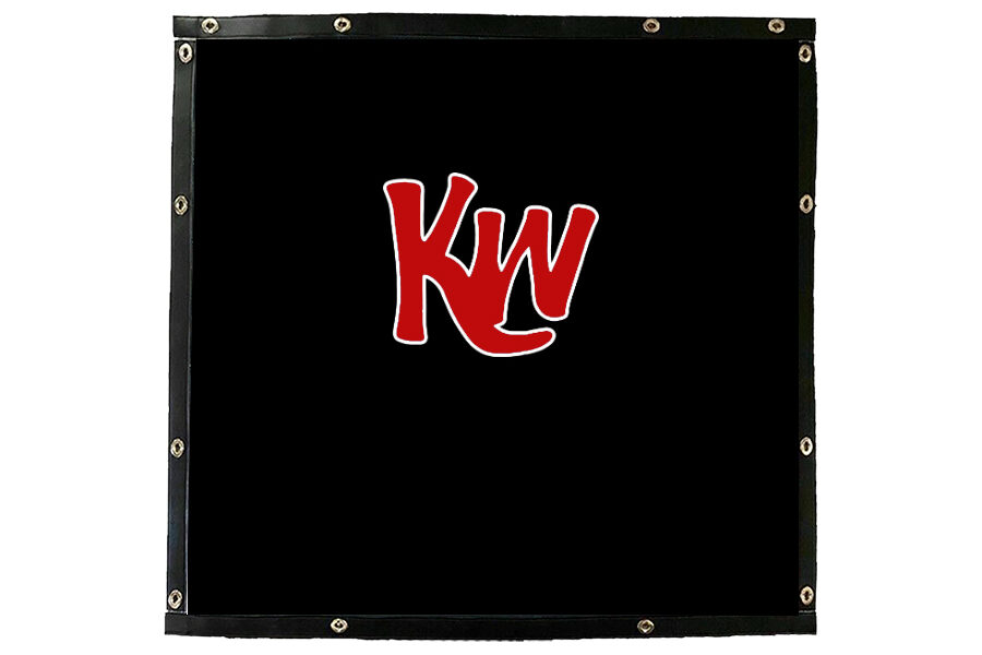 Red KW with white outline on Black Screen