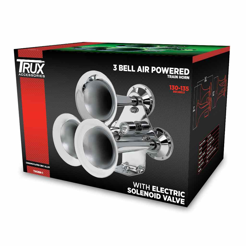3 Bell Air Powered Train Horn - 130-135 Decibels | Chrome Plated Zinc Alloy