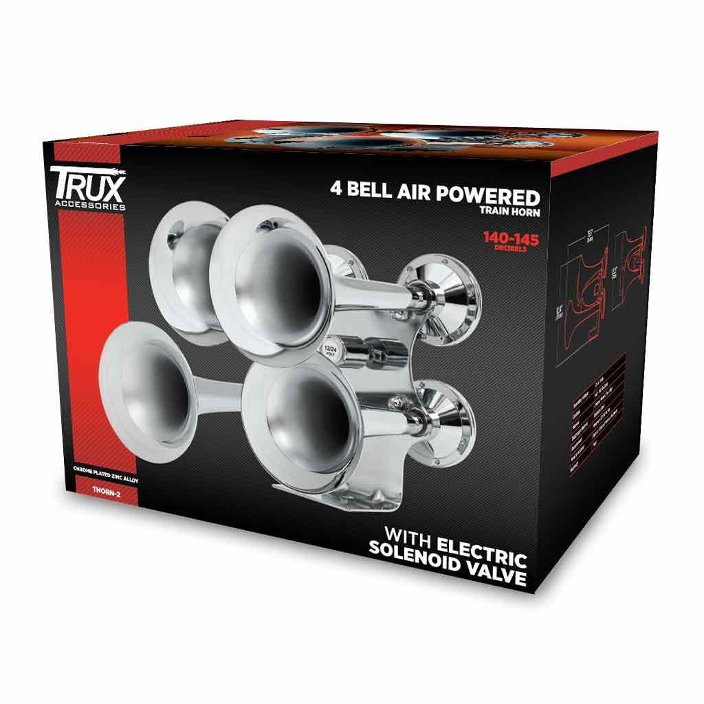 4 Bell Air Powered Train Horn - 140-145 Decibels | Chrome Plated Zinc Alloy