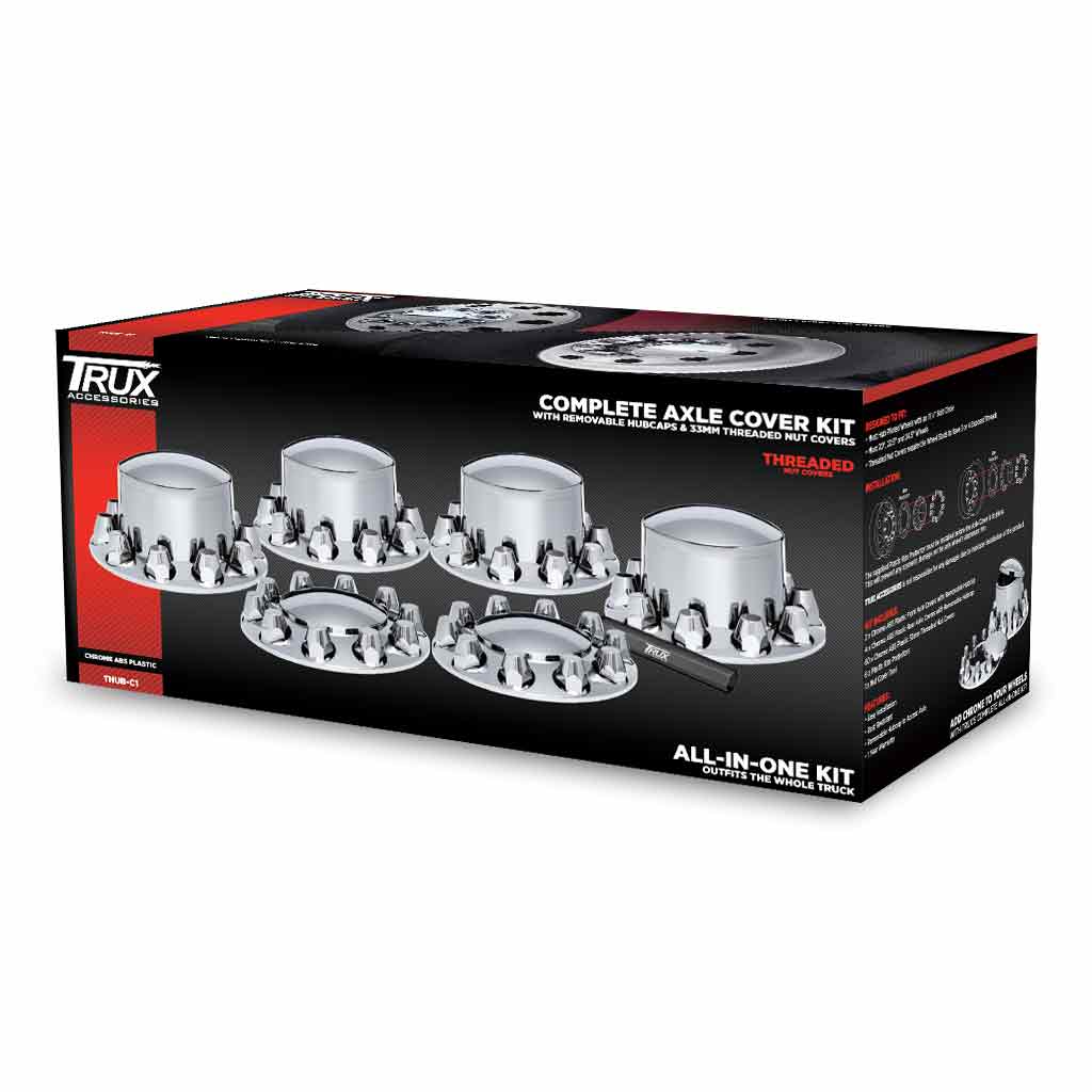 Complete Axle Cover Kit with Removable Hubcaps & 33mm Threaded Nut Covers - Dome Hubcaps | Chrome ABS Plastic - Thumbnail 5