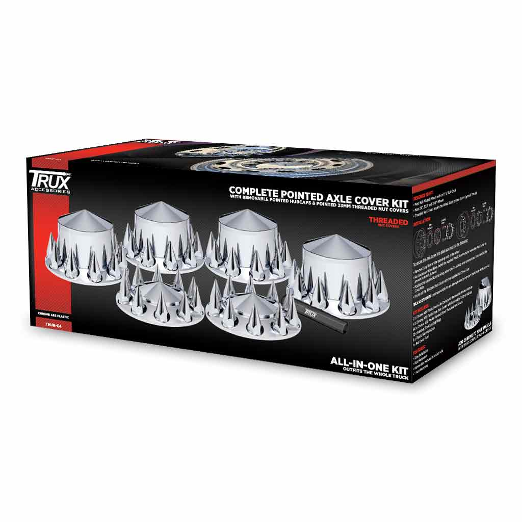 Complete Axle Cover Kit with Removable Hubcaps & 33mm Threaded Pointed Nut Covers - Pointed Hubcaps | Chrome ABS Plastic - Thumbnail 6