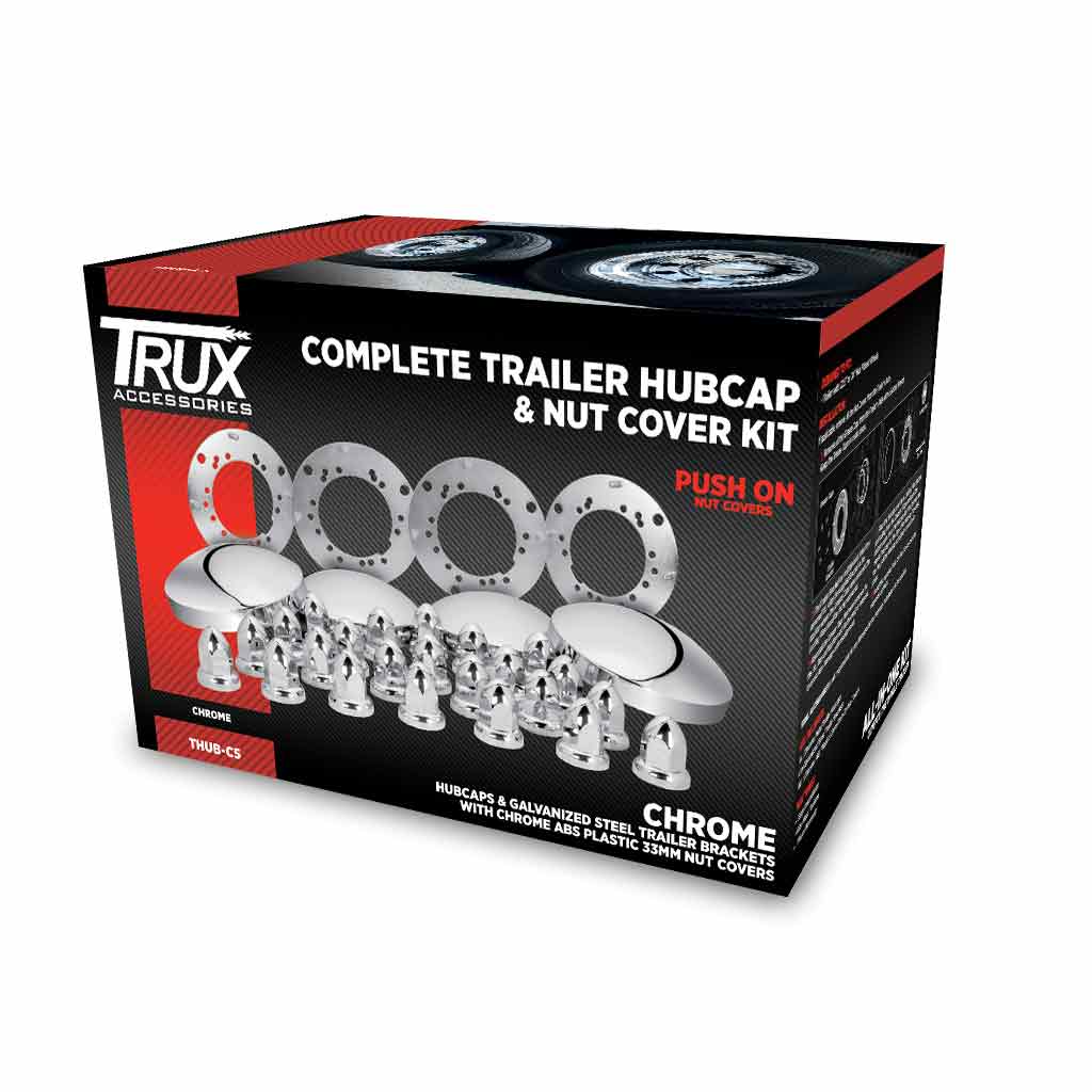 Complete Trailer Hubcap & Nut Cover Kit - 33mm Push On Nut Covers | Dome Hubcaps | Chrome Metal - Thumbnail 5