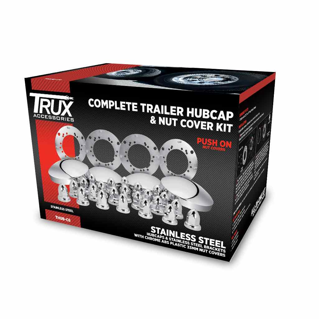 Complete Trailer Hubcap & Nut Cover Kit - 33mm Push On Nut Covers | Dome Hubcaps | Stainless Steel - Thumbnail 3