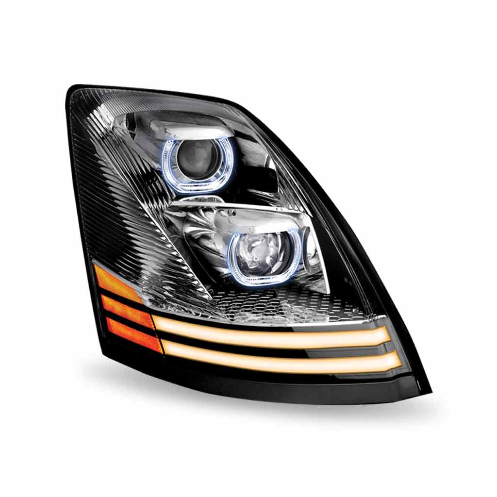 Volvo VN/VNL LED Projector Headlight Assembly with LED Glow Position, Turn & Marker Accents - Chrome (Passenger Side) - Thumbnail 2