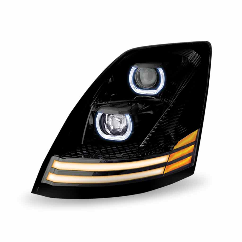 Volvo VN/VNL LED Projector Headlight Assembly with LED Glow Position, Turn & Marker Accents - Black (Driver Side) - Thumbnail 4