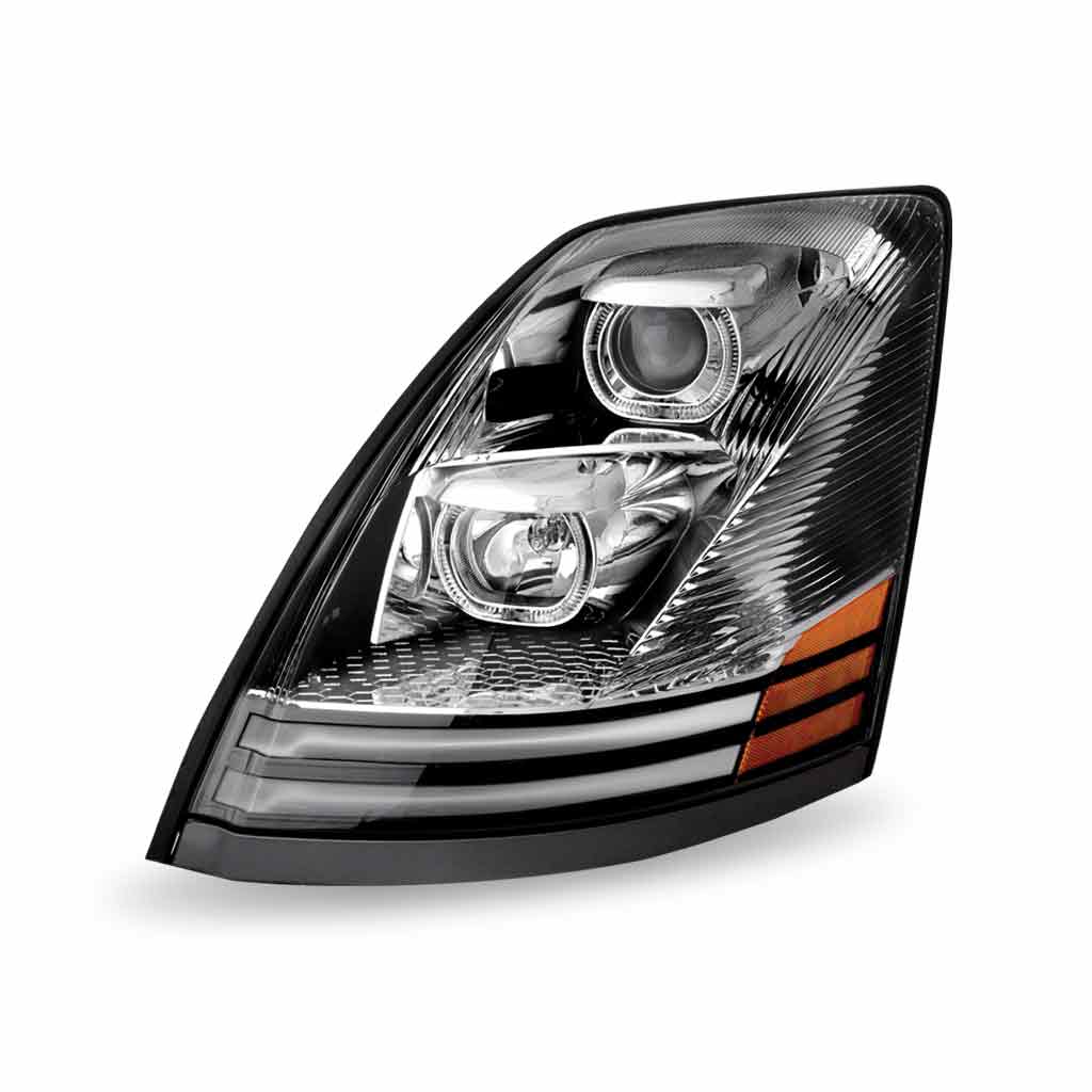 Volvo VN/VNL Halogen Projector Headlight Assembly with LED Glow Position, Turn & Marker Accents - Chrome (Driver Side) - Thumbnail 6