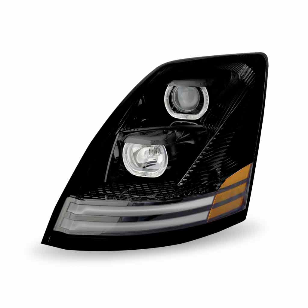 Volvo VN/VNL Halogen Projector Headlight Assembly with LED Glow Position, Turn & Marker Accents - Black (Driver Side)