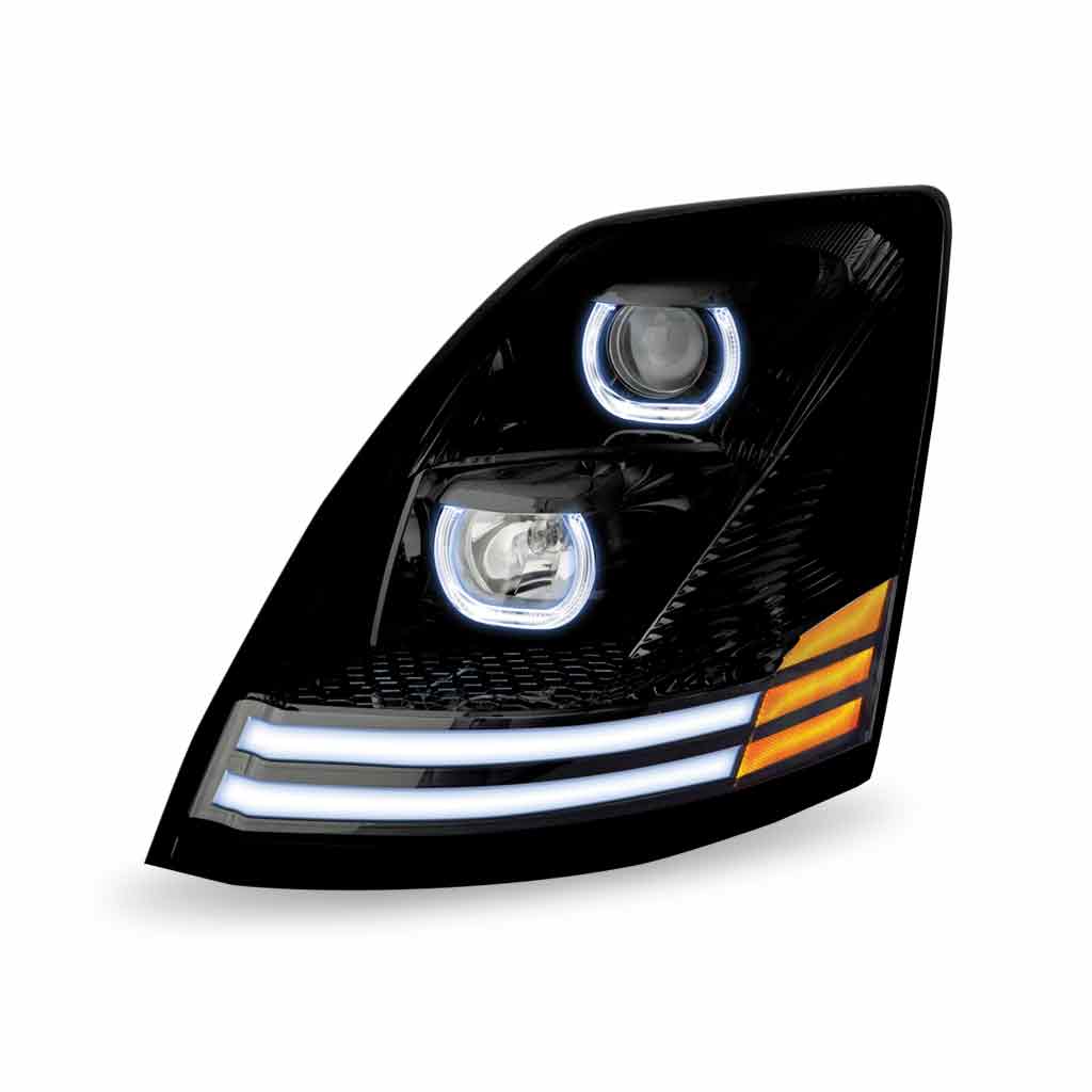 Volvo VN/VNL Halogen Projector Headlight Assembly with LED Glow Position, Turn & Marker Accents - Black (Driver Side) - Thumbnail 3