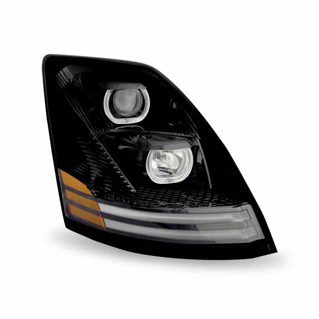 Volvo VN/VNL Halogen Projector Headlight Assembly with LED Glow Position, Turn & Marker Accents - Black (Passenger Side) - Thumbnail 2
