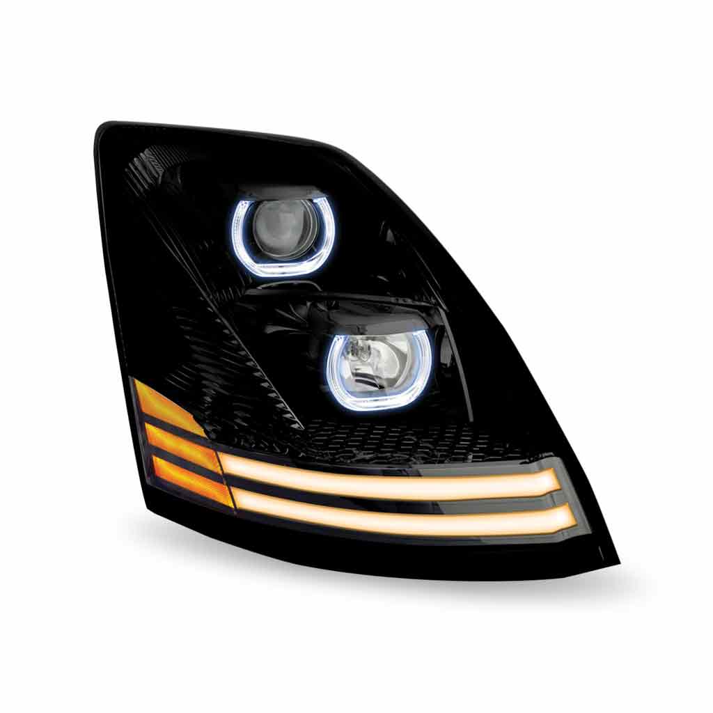 Volvo VN/VNL Halogen Projector Headlight Assembly with LED Glow Position, Turn & Marker Accents - Black (Passenger Side) - Thumbnail 5