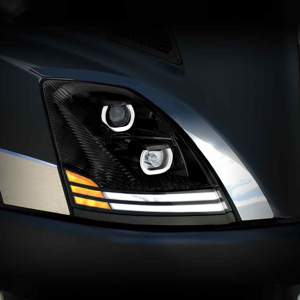 Volvo VN/VNL Halogen Projector Headlight Assembly with LED Glow Position, Turn & Marker Accents - Black (Passenger Side) - Thumbnail 6