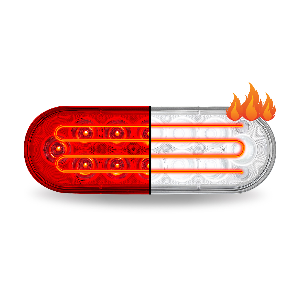 6" Heated Red Stop, Turn & Tail To White Back Up LED Oval Light - 12 Diodes