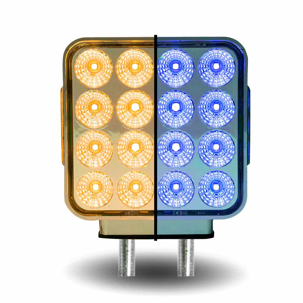 Amber/Red Turn & Marker to Blue Auxiliary Square Reflector Double Face LED Light - Double Post | 38 Diodes | Clear Lens - Thumbnail 4