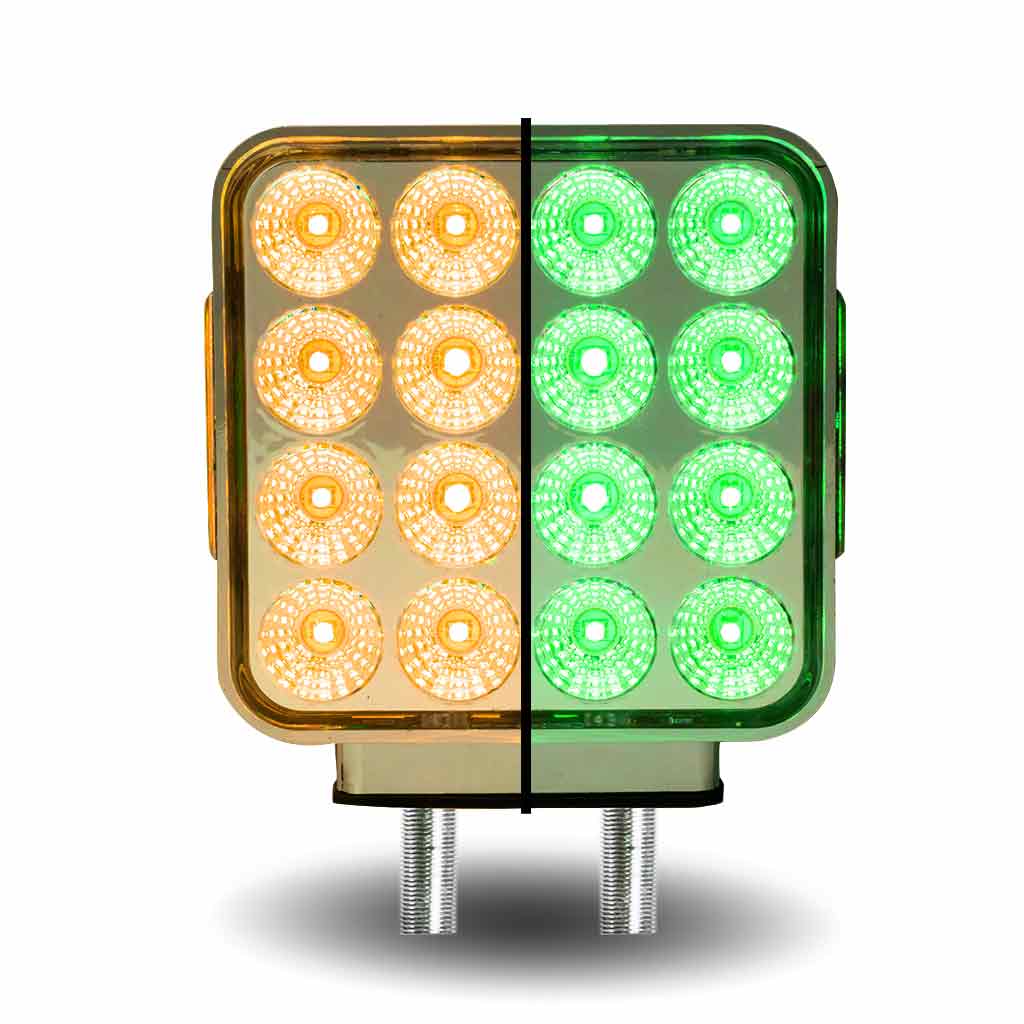 Amber/Red Turn & Marker to Green Auxiliary Square Reflector Double Face LED Light - Double Post | 38 Diodes | Clear Lens - Thumbnail 11