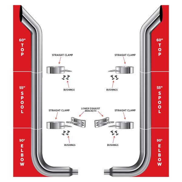 6" Dia. Complete Bullhorn Exhaust Kit - 60" Top Stacks | 55" Middle Spools | 90° Elbows 6" Reduced to 5" Dia.