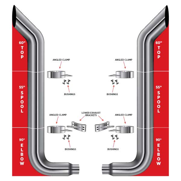 7" Dia. Complete Bullhorn Exhaust Kit - 60" Top Stacks | 55" Middle Spools | 90° Elbows 7" Reduced to 5" Dia.