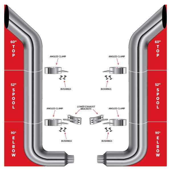 8" Dia. Complete Bullhorn Exhaust Kit - 60" Top Stacks | 52" Middle Spools | 90° Elbows 8" Reduced to 5" Dia.