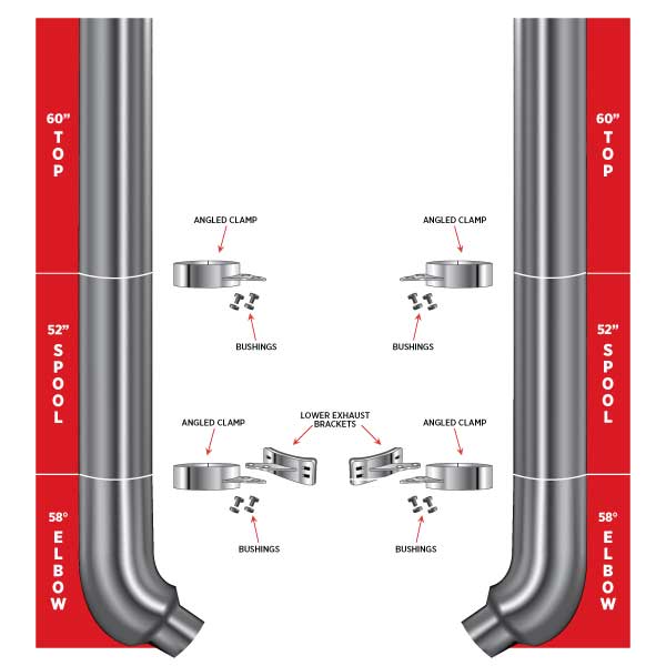 8" Dia. Complete Flat Exhaust Kit - 60" Top Stacks | 52" Middle Spools | 58° Elbows 8" Reduced to 5" Dia.