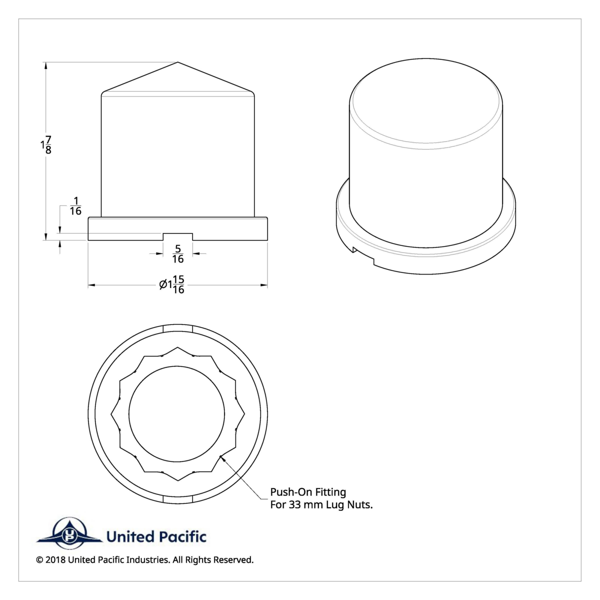 33mm X 1-7/8" Chrome Plastic Pointed Nut Cover - Push-On - Thumbnail 3