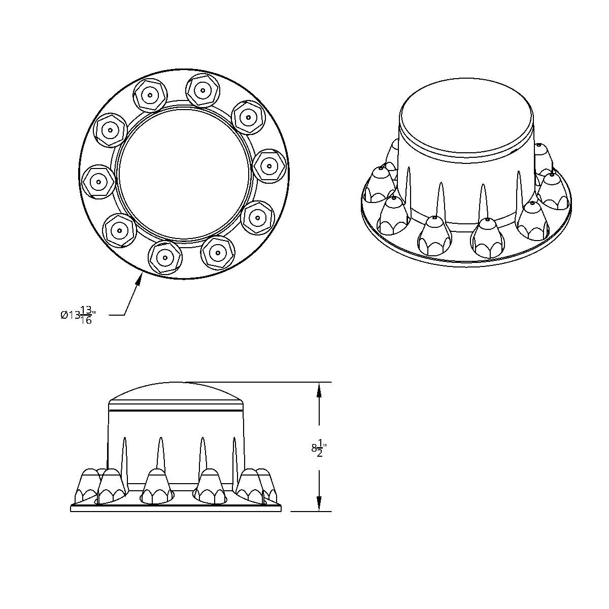 Dome Rear Axle Cover With 1-1/2"  Push-On Standard Nut Covers - Chrome - Thumbnail 6