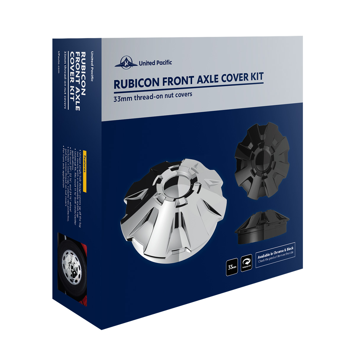Rubicon Front Axle Cover Kit With 33mm Thread-On Nut Covers-Chrome - Thumbnail 6