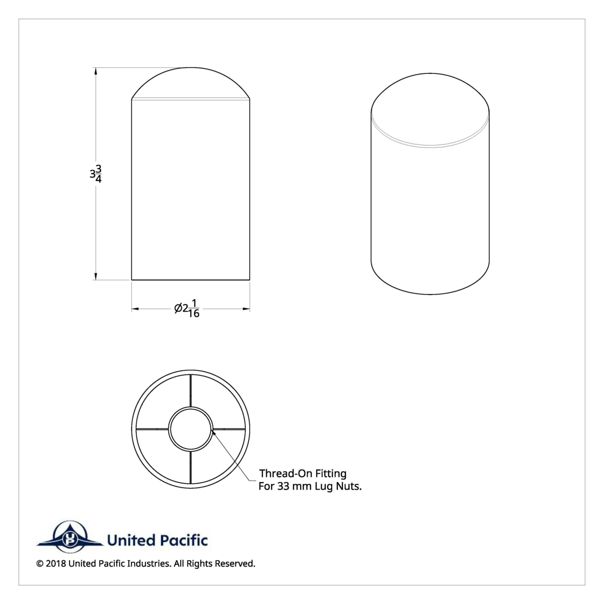 33mm X 3-3/4" Matte Black Dome Nut Cover - Thread-On (Bulk) - Thumbnail 4