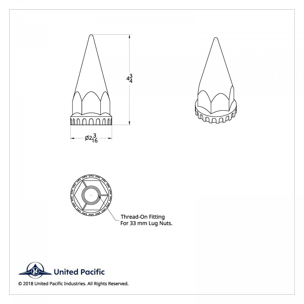33mm x 4-3/4" Chrome Super Spike Nut Cover - Thread-On (Bulk) - Thumbnail 6