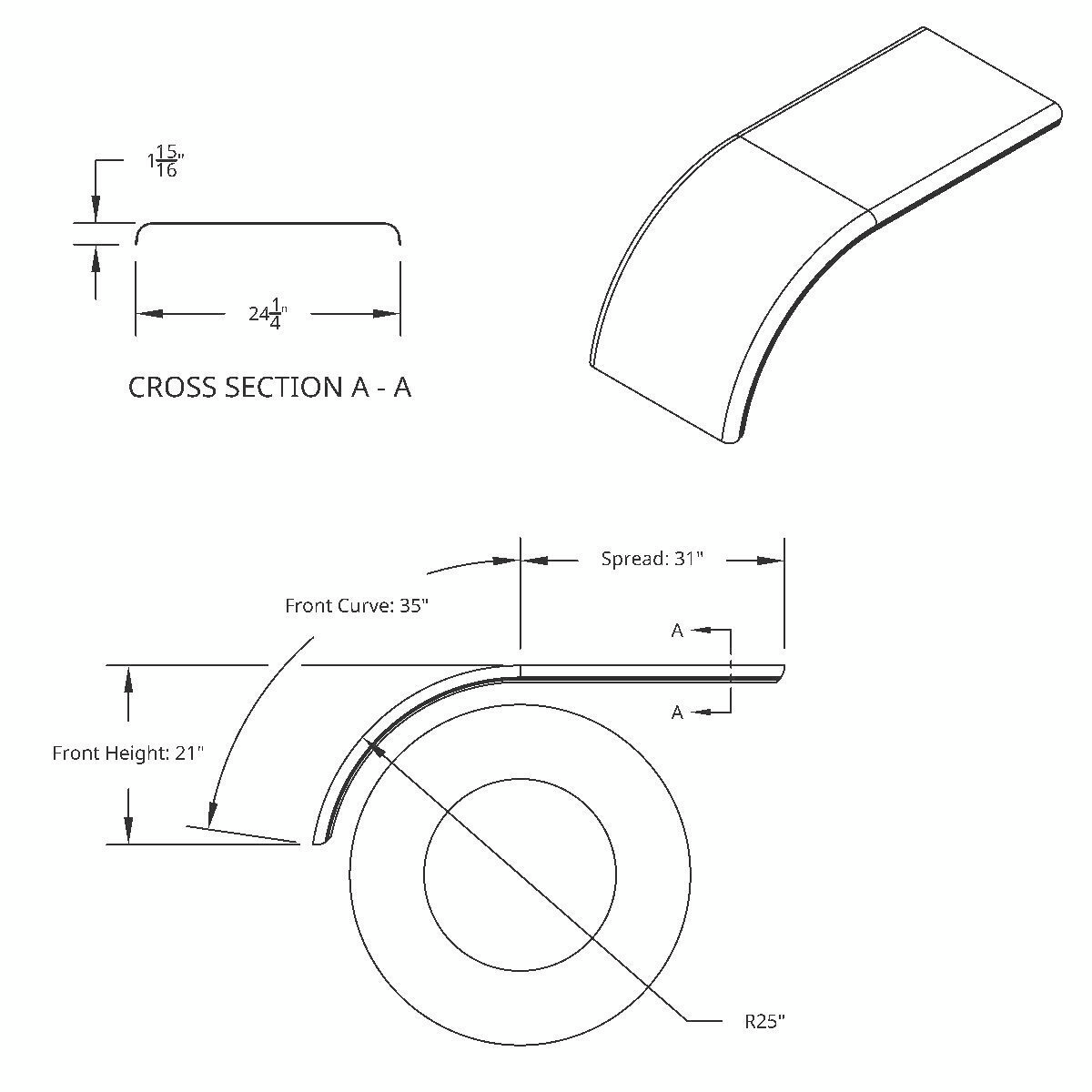 66" 430 Stainless Steel (16ga) Smooth Half Fender - SE Series (Pair) - Thumbnail 10