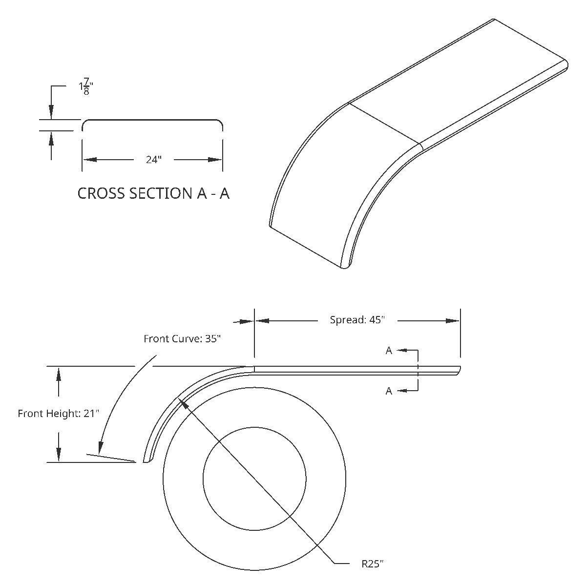 80" 430 Stainless Steel (16ga) Roll Formed Edge Smooth Half Fender - SS Series (Pair) - Thumbnail 11
