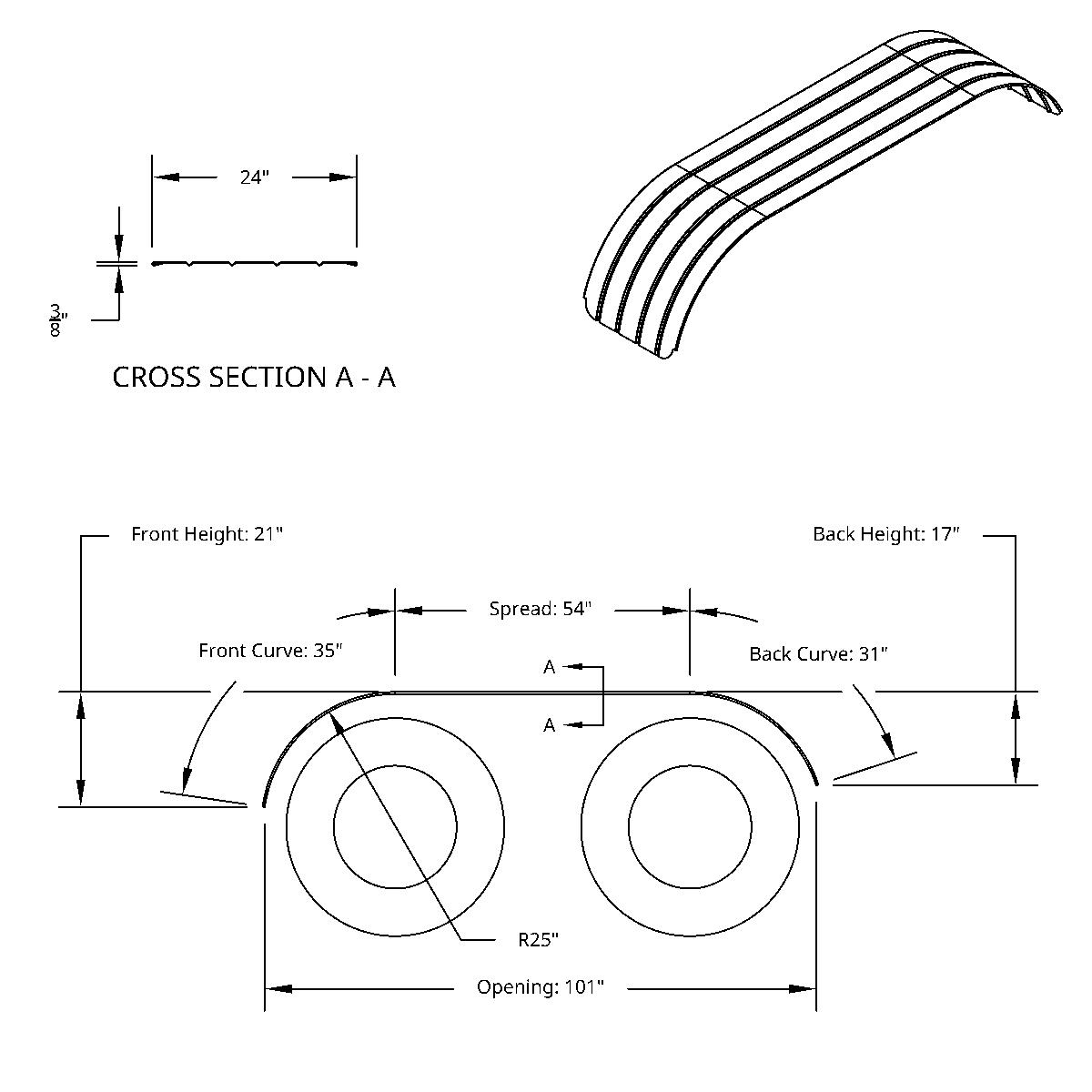 120" 430 Stainless Steel (16ga) Beaded Edge Ribbed Full Fender 54" Spread - SR Series (Pair) - Thumbnail 11