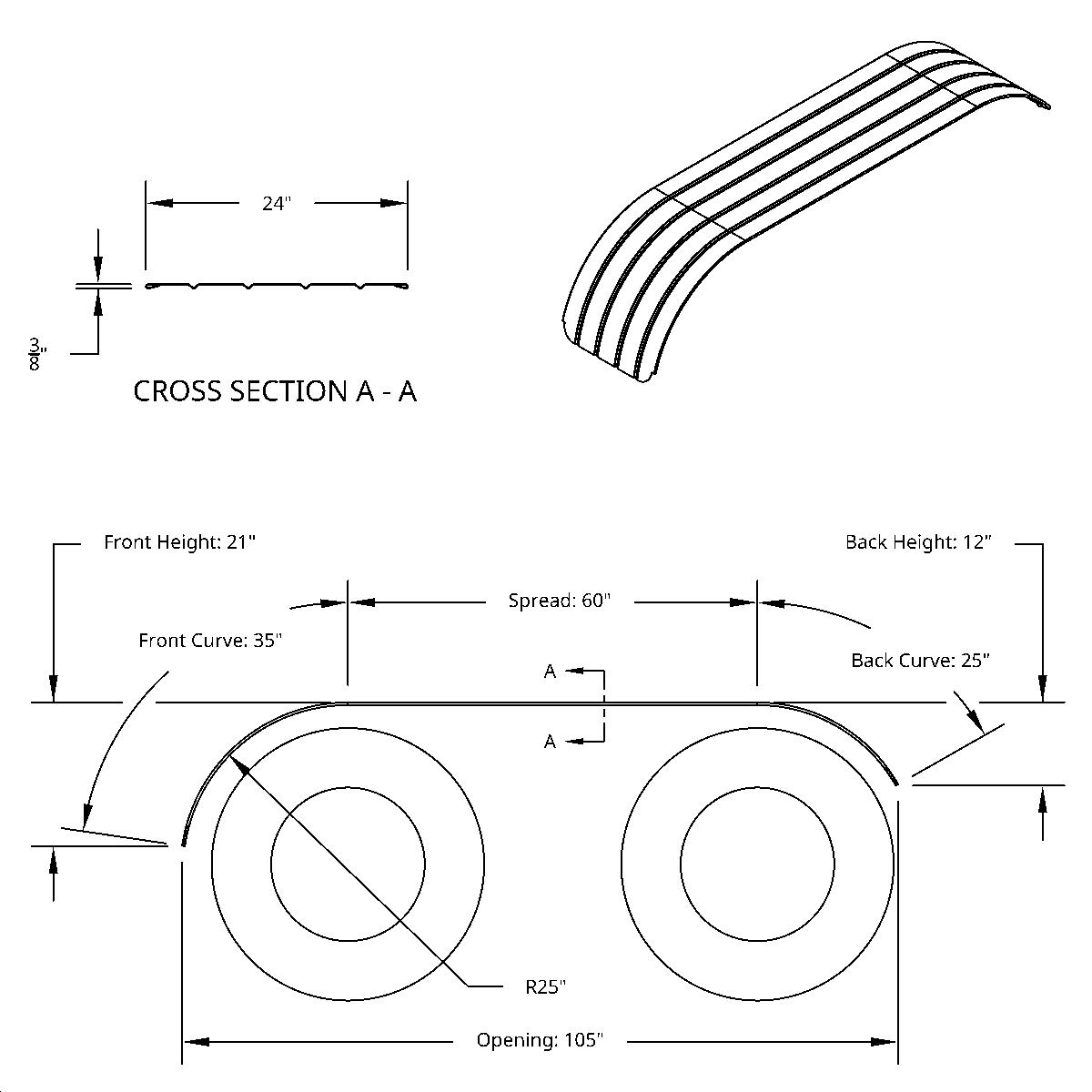 120" 430 Stainless Steel (16ga) Beaded Edge Ribbed Full Fender 60" Spread - SR Series (Pair) - Thumbnail 11