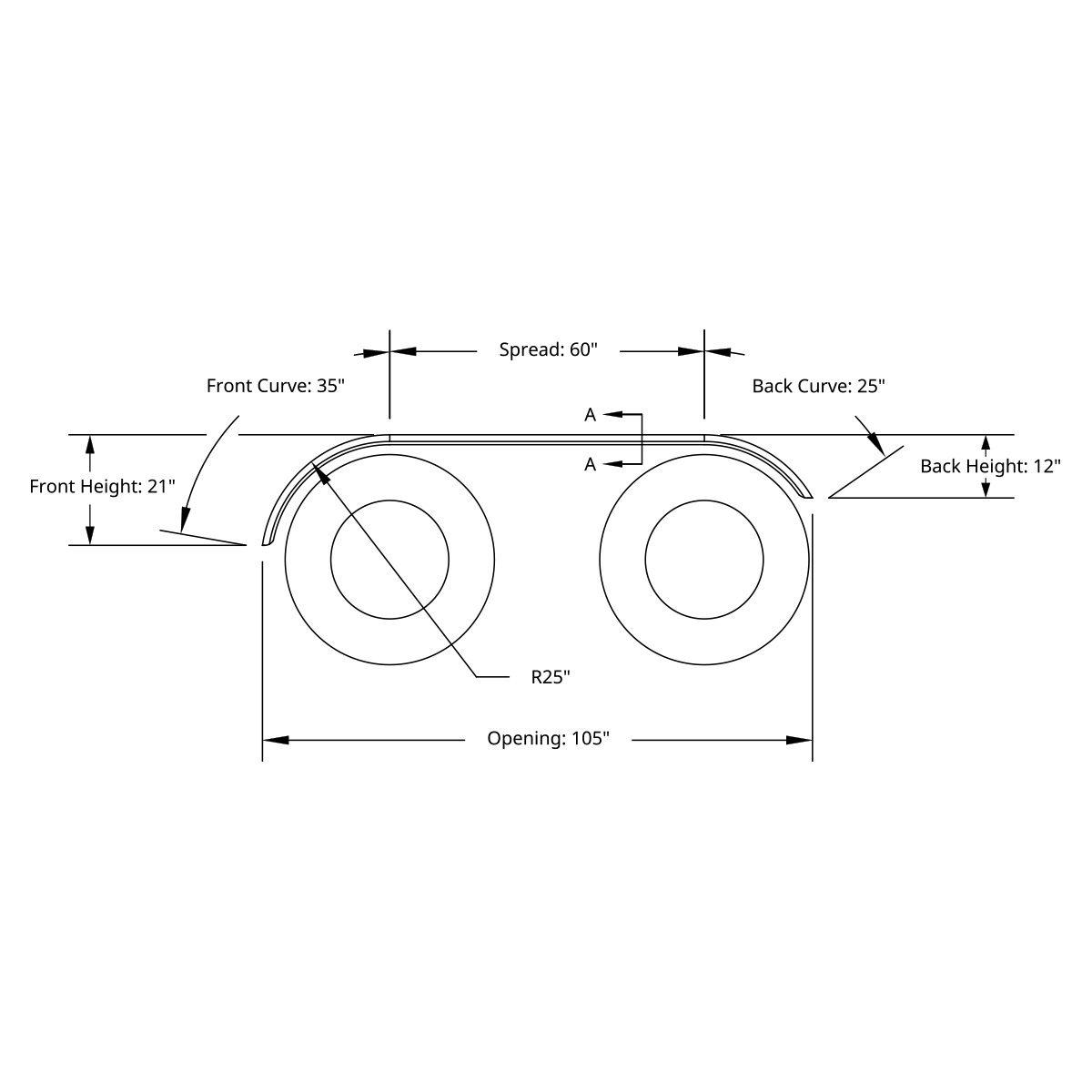 120" 430 Stainless Steel (16ga) Roll  Formed Edge Smooth Full Fender 60" Spread - SS Series (Pair) - Thumbnail 2