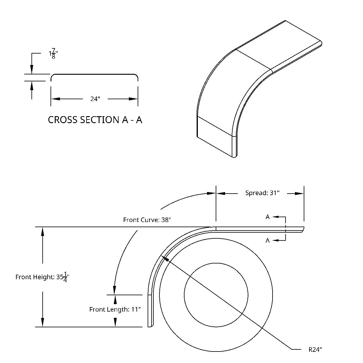 80" 430 Stainless Steel (16ga) Roll Formed Edge Smooth Half Fender/Long Drop - SS Series (Pair) - Thumbnail 9