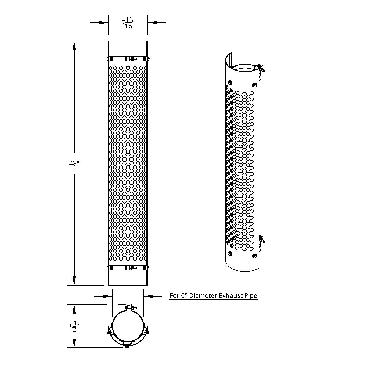 48" Tall 180 Degree Stainless Exhaust Muffler Shield For 6" Diameter Exhaust - Round Slot - Thumbnail 2