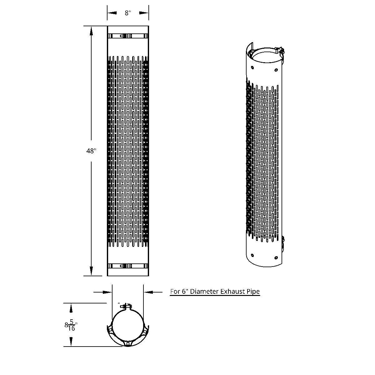 48" Tall 180 Degree Stainless Exhaust Muffler Shield For 6" Diameter Exhaust - Vertical Slot - Thumbnail 2