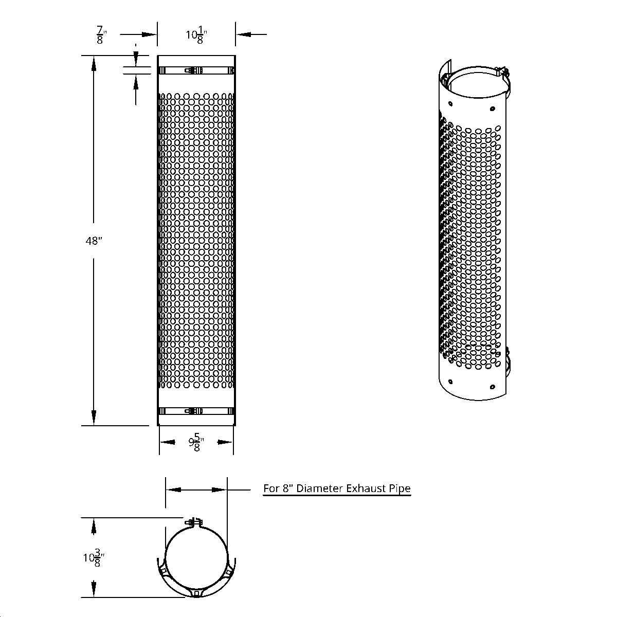 48" Tall 180 Degree Stainless Exhaust Muffler Shield For 8" Diameter Exhaust - Vertical Slot - Thumbnail 2