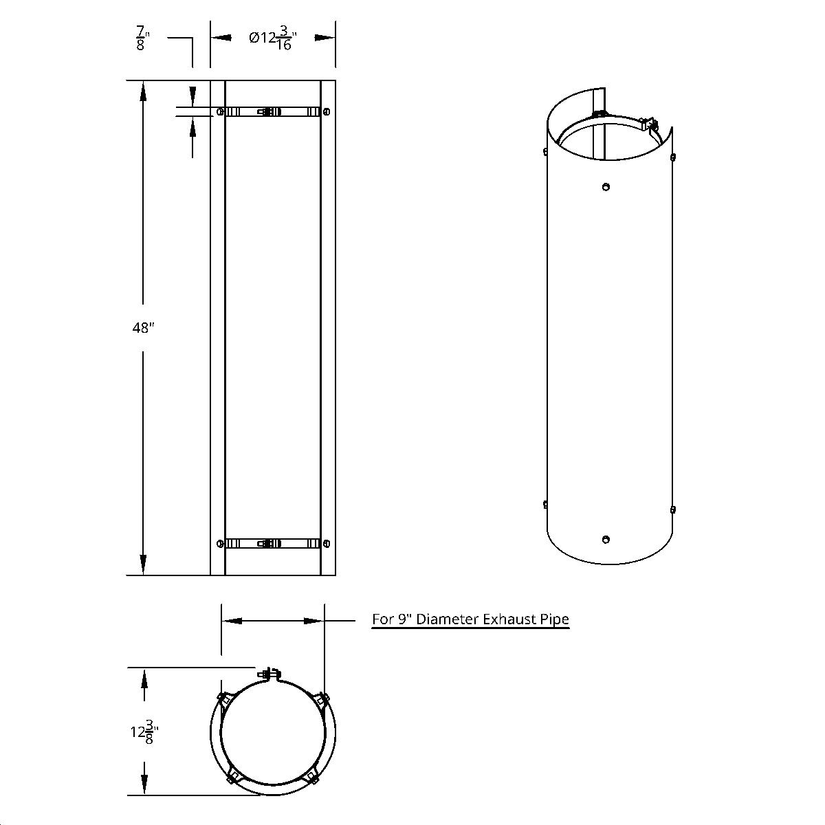 48" Tall 270 Degree Stainless Exhaust Muffler Shield For 9" Diameter Exhaust - Plain - Thumbnail 2