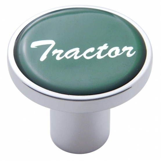 Aluminum Screw-On Air Valve Knob With Glossy Tractor Script Sticker - Green Sticker