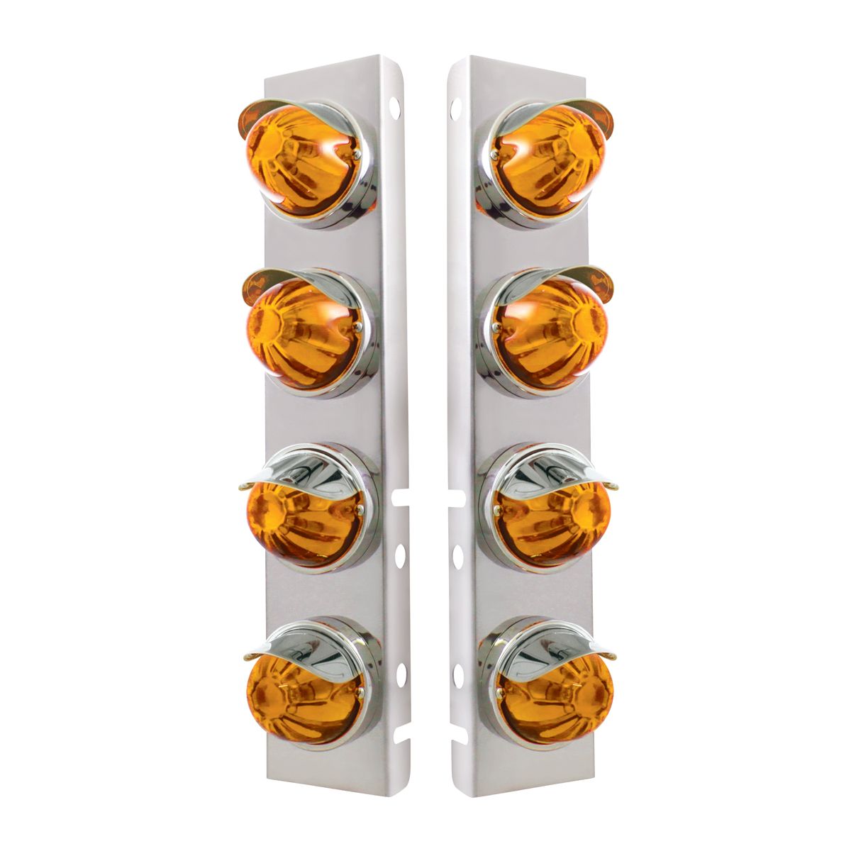SS Front Air Cleaner Bracket With 8X Glass Watermelon Lights & SS Visors For Peterbilt -Amber Lens