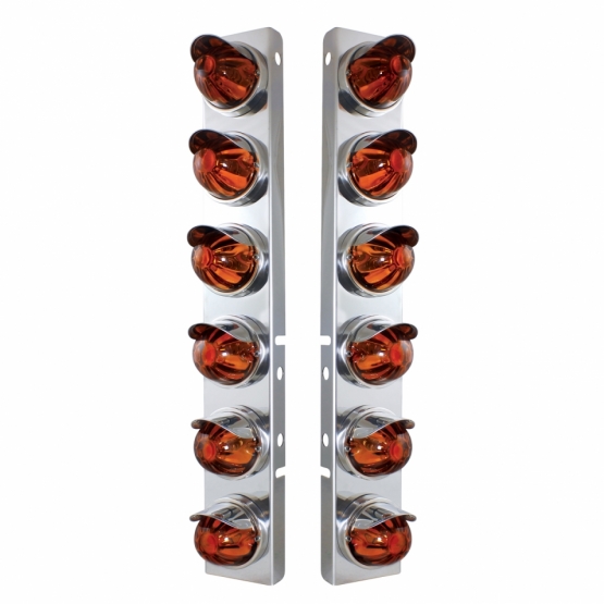 SS Front Air Cleaner Bracket With 12X Glass Watermelon Lights & SS Visors For Peterbilt-Dark Amber Lens