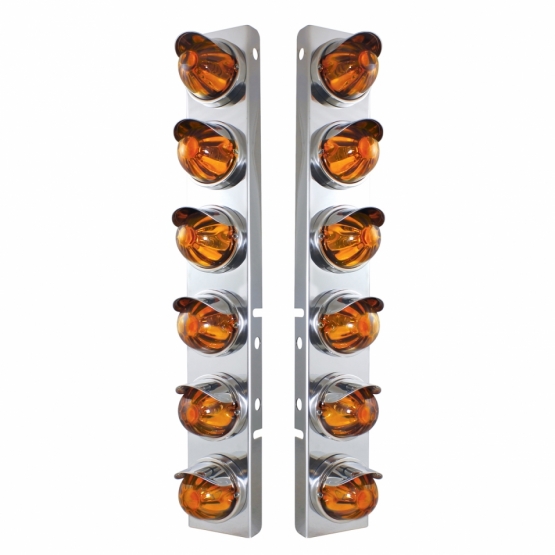 SS Front Air Cleaner Bracket With 12X Glass Watermelon Lights & SS Visors For Peterbilt-Amber Lens