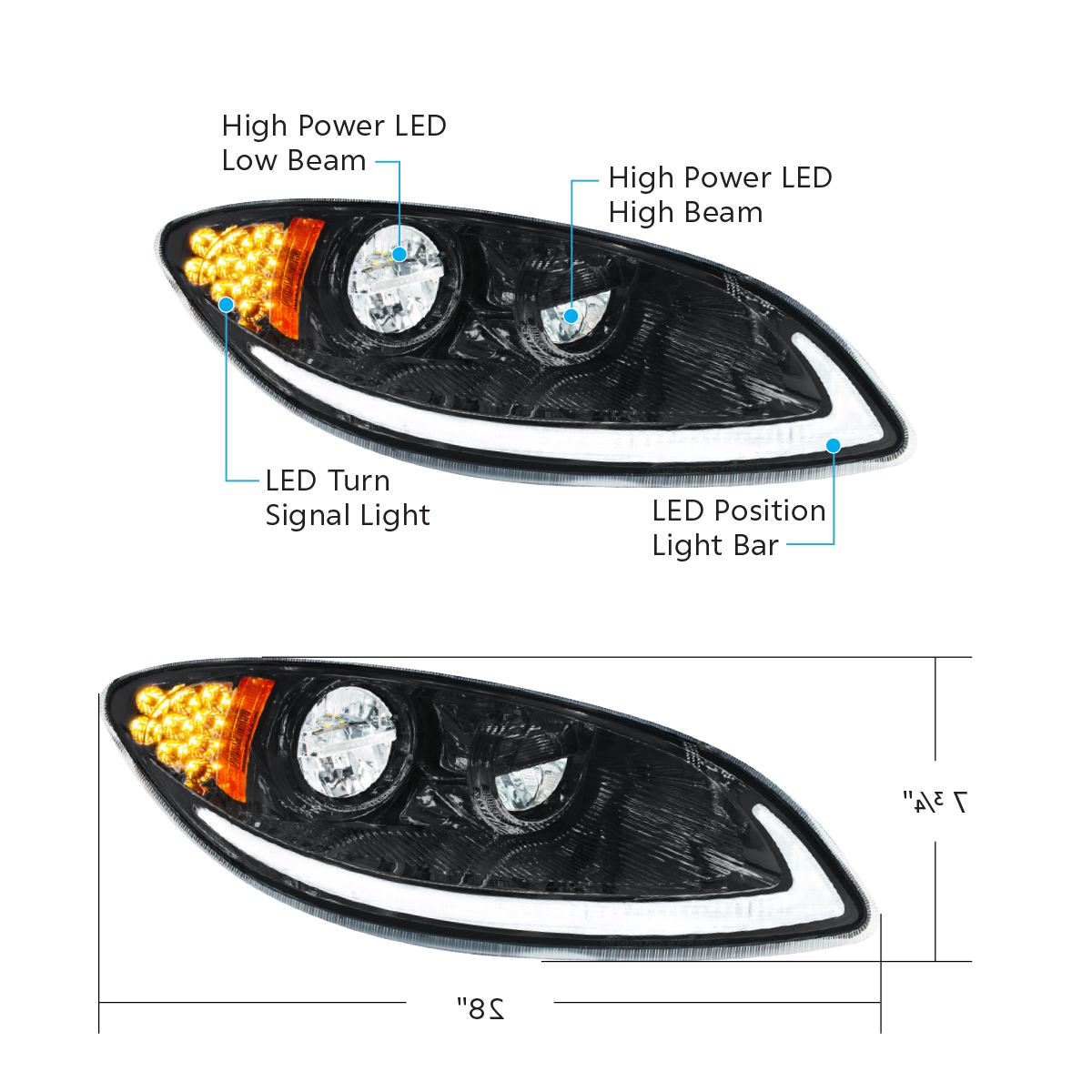 Blackout LED Headlight With LED Light Bar & Turn Signal For 2006-2017 International Prostar-Passenger - Thumbnail 8