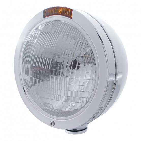 Stainless Steel Bullet Classic Headlight H6024 Bulb & Turn Signal - Amber Lens