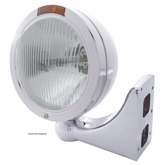 Stainless Steel Bullet Classic Headlight H4 Bulb & Turn Signal - Amber Lens - Thumbnail 2