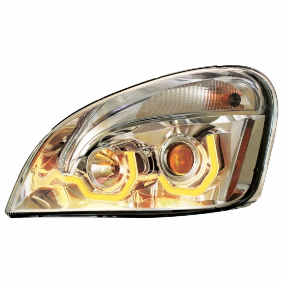 Chrome Projection Headlight W/Dual Function Amber LED Position Lights For 2008-17 FL Cascadia - Driver