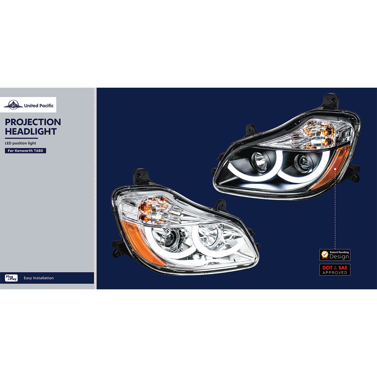 Black Projection Headlight With LED Position Light For 2013-2021 Kenworth T680 - Driver - Thumbnail 6