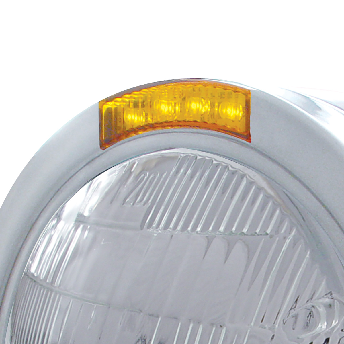 Stainless Steel Bullet Half Moon Headlight 6014 Bulb & LED Turn Signal - Amber Lens - Thumbnail 2
