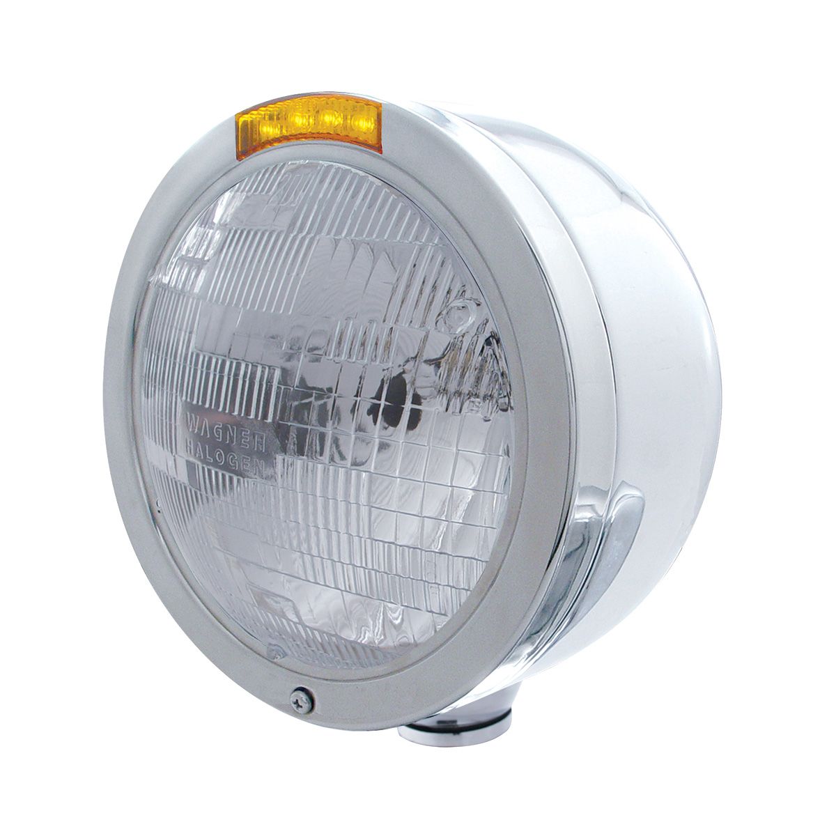 Stainless Steel Bullet Half Moon Headlight H6024 Bulb & LED Turn Signal - Amber Lens